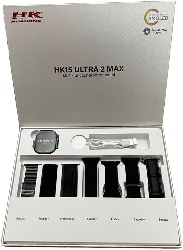 ساعة ذكية HK15 Ultra 2 ماكس انش شاشة اموليد لتتبع اللياقة البدنية رياضية للرجال | جهاز استشعار IOS Android وجهاز استشعار الذكاء الاصطناعي جي بي تي 7 اساور اسود 