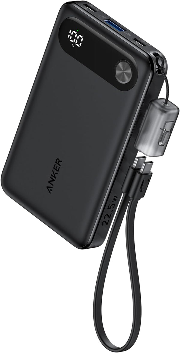 باور بانك أنكر، شاحن محمول بقوة 10000 مللي أمبير في الساعة، أسود، كابل USB-C مدمج وحبل، خرج أقصى 22.5 وات مع منفذين USB-C ومنفذ USB-A، حزمة بطارية لهاتف iPhone 15/14، وGalaxy S23، وiPad، وAirPods، والمزيد 