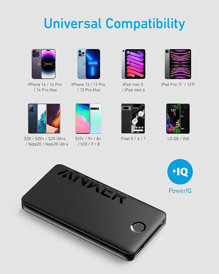 Anker External Battery, 323 Power Bank 10,000 mAh with 2 Ports , Fast Charging 12 W for iPhone 15 14 13 Pro, Huawei, iPad Pro/Air, Samsung Galaxy and Plus Encore 
