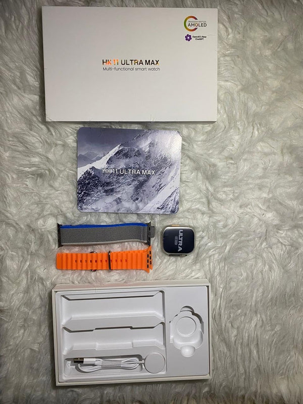 ساعة ذكية Hk 11 Ultra Max 2023 مقاس 49 ملم بخاصية الاتصال بالبلوتوث وشاشة أموليد وتقنية قريبة المدى للأندرويد وIOS ويرفيت برو تستخدم خاصية شات جي بي تي ذهبي 